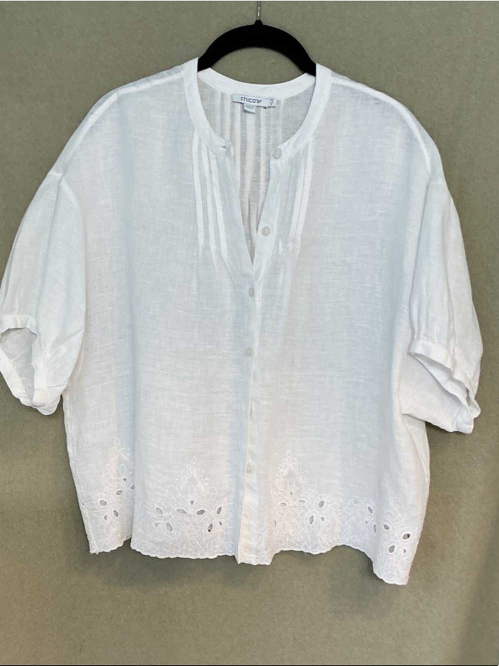 Chico's White Linen Button-Front Eyelet Hem Shirt